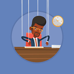 Image showing Businessman marionette on ropes working.