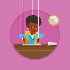 Image showing Business woman marionette on ropes working.