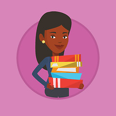 Image showing Woman holding pile of books vector illustration.