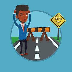Image showing Businessman looking at road sign dead end.