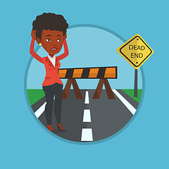 Image showing Businesswoman looking at road sign dead end.