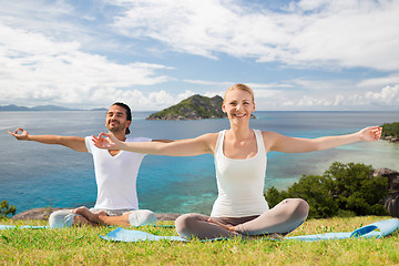 Image showing happy couple making yoga exercises outdoors