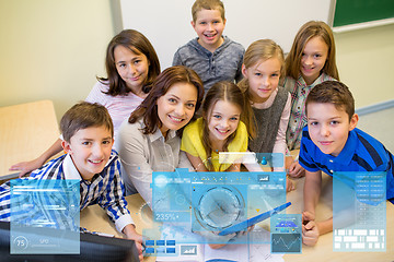 Image showing group of kids with teacher and tablet pc at school