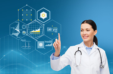 Image showing doctor pointing finger to virtual chart over blue