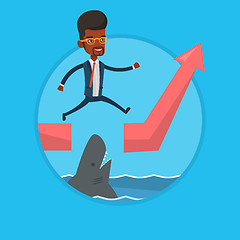 Image showing Risky businessman jumping over ocean with shark.