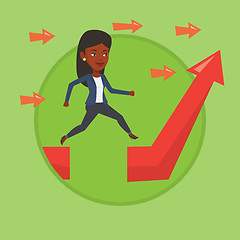 Image showing Business woman jumping over gap on arrow going up.