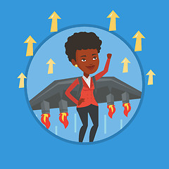 Image showing Business woman flying on the rocket to success.