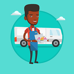 Image showing Baker delivering cakes vector illustration.