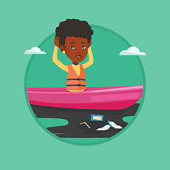 Image showing Woman floating in a boat in polluted water.