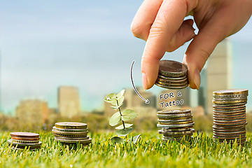 Image showing The columns of coins on grass