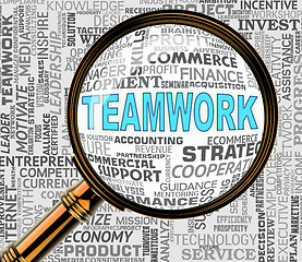 Image showing Teamwork Magnifier Represents Cooperation Searching And Magnifying