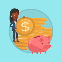 Image showing Business woman putting coin in piggy bank.