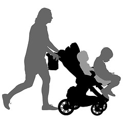 Image showing Black silhouettes Family with pram on white background. illustration