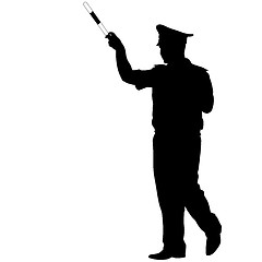 Image showing Black silhouettes of Police officer with a rod on white background