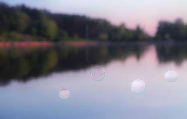 Image showing Soap Bubbles Against The Blurred Nature Background