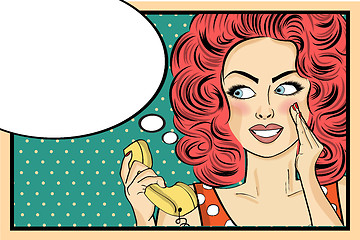 Image showing Surprised pop art woman with retro phone, who tells her secrets.