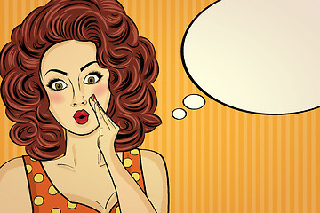 Image showing Surprised pop art woman who tells her secrets. Pin-up girl.