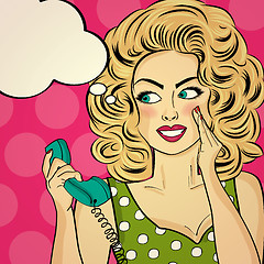 Image showing Surprised pop art woman with retro phone, who tells her secrets.