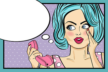 Image showing Surprised pop art woman with retro phone, who tells her secrets.