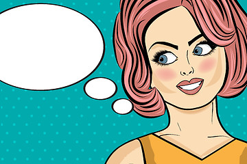 Image showing Pop art woman . Comic woman with speech bubble. Pin up girl.