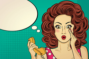 Image showing Surprised pop art woman with retro phone, who tells her secrets.