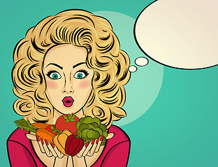 Image showing Surprised pop art  woman that holds vegetables  in her hands . C