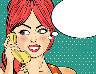 Image showing Pop art woman chatting on retro phone . Comic woman with speech 