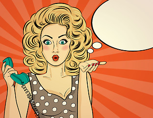 Image showing Surprised pop art woman chatting on retro phone . Comic woman wi