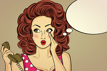 Image showing Surprised pop art woman chatting on retro phone . Comic woman wi