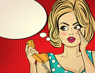 Image showing Surprised pop art woman with retro phone, who tells her secrets.