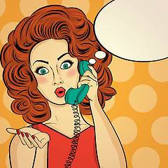 Image showing Surprised pop art woman chatting on retro phone . Comic woman wi