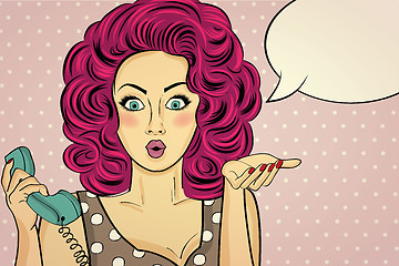 Image showing Surprised pop art woman with retro phone, who tells her secrets.