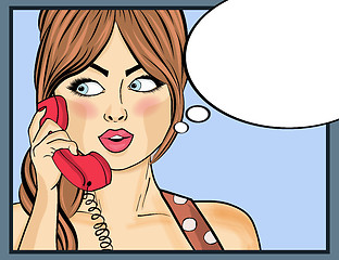 Image showing Pop art woman chatting on retro phone . Comic woman with speech 