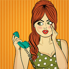 Image showing Surprised pop art woman with retro phone, who tells her secrets.