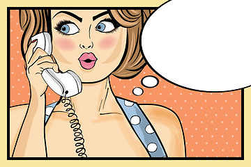 Image showing Surprised pop art woman chatting on retro phone . Comic woman wi