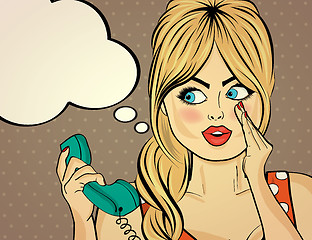 Image showing Surprised pop art woman who tells her secrets. Pin-up girl.