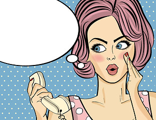 Image showing Surprised pop art woman with retro phone, who tells her secrets.