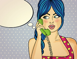 Image showing Surprised pop art woman chatting on retro phone . Comic woman wi