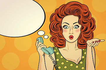 Image showing Surprised pop art woman with retro phone, who tells her secrets.