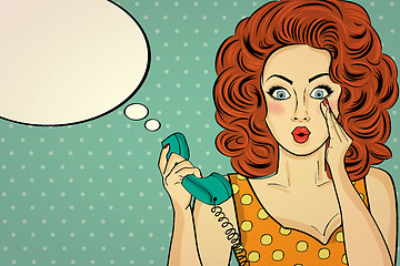 Image showing Surprised pop art woman with retro phone, who tells her secrets.