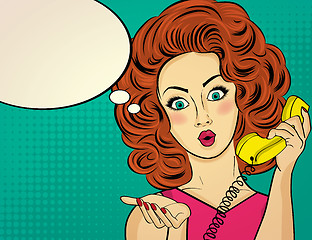 Image showing Surprised pop art woman chatting on retro phone . Comic woman wi