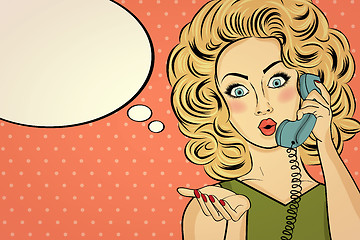 Image showing Surprised pop art woman with retro phone, who tells her secrets.