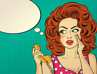 Image showing Surprised pop art woman with retro phone, who tells her secrets.