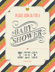 Image showing Beautiful retro baby shower card template with golden glittering