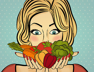 Image showing Sexy blonde woman with many vegetables in his hands