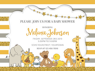 Image showing Lovely baby shower card template with golden glittering details