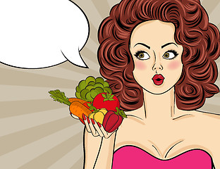 Image showing Sexy pop art woman with vegetables in his hand