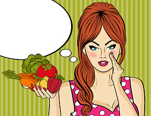 Image showing Sexy pop art woman with vegetables in his hand