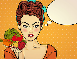 Image showing Sexy pop art woman with vegetables in his hand