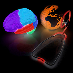 Image showing stethoscope, globe, brain - global medical concept. 3d illustrat